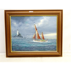  Jack Rigg  (British 1927-): Rounding the Fastnet Lighthouse, oil on board signed 34cm x 44cm  DDS - Artist's resale rights may apply to this lot   