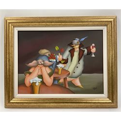 Peter Bell (Hull Contemporary): Ladies at the Pub, acrylic on canvas signed 29cm x 39cm 