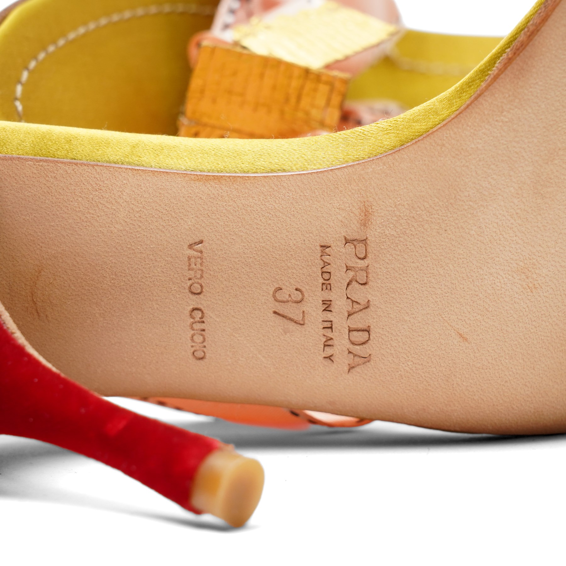 Prada - two pairs of satin slingback heels of the same model, each with ribbon bow detail and contrasting velvet-covered stiletto heels, comprising a lime green and purple pair and a pale pink and red pair, both size 37, with leather soles, one pair appearing little worn, with Prada dust bags and boxes (2)