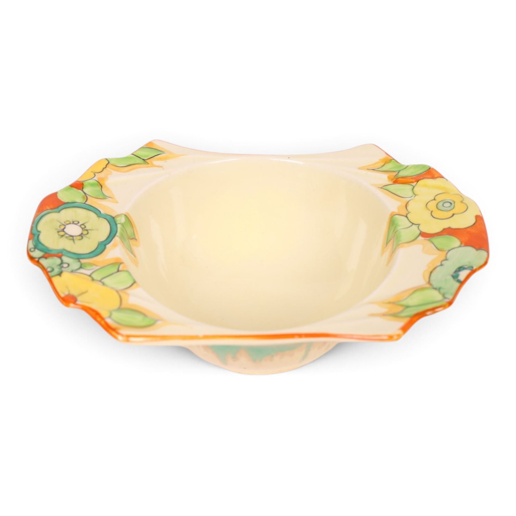 Clarice Cliff Joanquil pattern, Daffodil shape grapefruit bowl, circa 1933, with Bizarre and printed marks to base, L7cm, H5cm