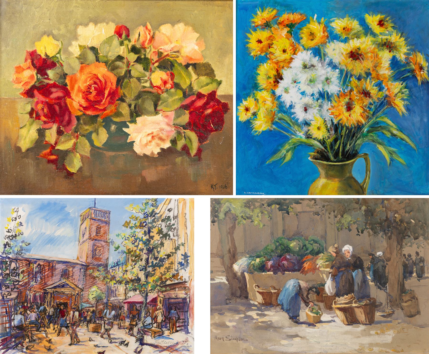 Mary Goudie Simpson (British 1869-1934): 'Vegetable Stall - Bruges', gouache signed, titled verso; Jean Fletcher (British 20th Century): 'St Anne's Square', mixed media signed and dated '95; together with two still lifes, oils on board signed K T and L I Warburton one dated 1906 max 45cm x 45cm (4)