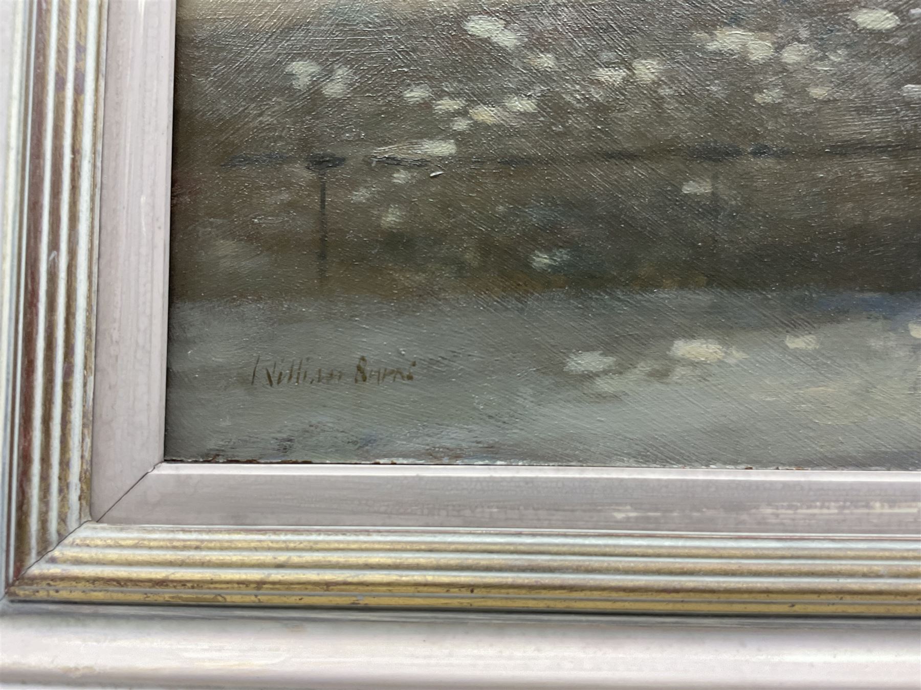 William Burns (Northern British 1923-2010): 'The Ice Cream Man - St James' Park', oil on board signed, titled verso 50cm x 70cm Provenance: Direct from the family of the artist. 
Notes: Born in Sheffield in 1923, William Burns RIBA FSAI FRSA studied at the Sheffield College of Art before the outbreak of the Second World War, during which he helped illustrate the official War Diaries for the North Africa Campaign, and was elected a member of the Armed Forces Art Society. On his return, he studied architecture at Sheffield University and later ran his own successful practice, being a member of the Royal Institute of British Architects. However, painting had always been his self-confessed 'first love', and in the 1970s he gave up architecture to become a full-time artist, having his first one-man exhibition in 1979.