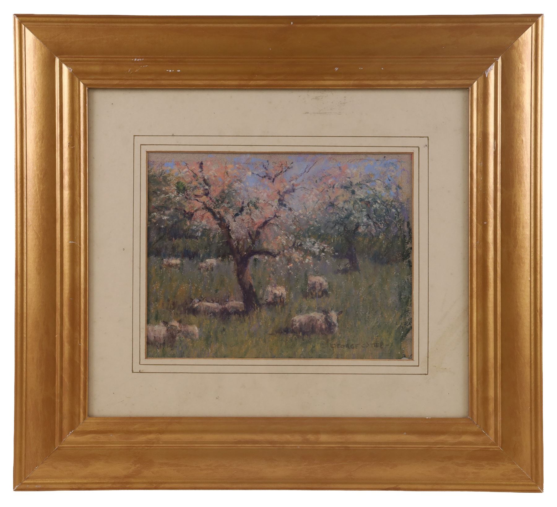 George Frederick Cutter (British 1940-): Sheep Resting in Tall Grass, pastel signed 17.5cm x 22.5cm; English School (19th century): Waves Breaking on a Rocky Coastline, impasto oil on board indistinctly signed max 19.5cm x 28cm