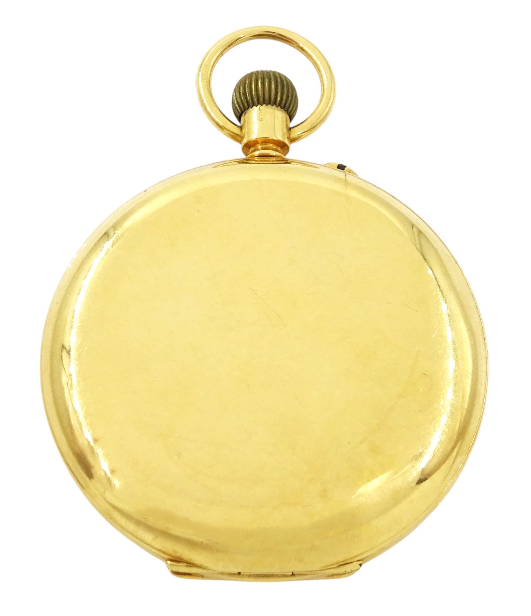 Early 20th century 18ct gold full hunter keyless lever pocket watch by Edward Sweeney, Bradford, No. 735425, white enamel dial with Roman numeral hour markers and subsidiary seconds dial, case by William Ehrhardt, Birmingham 1918