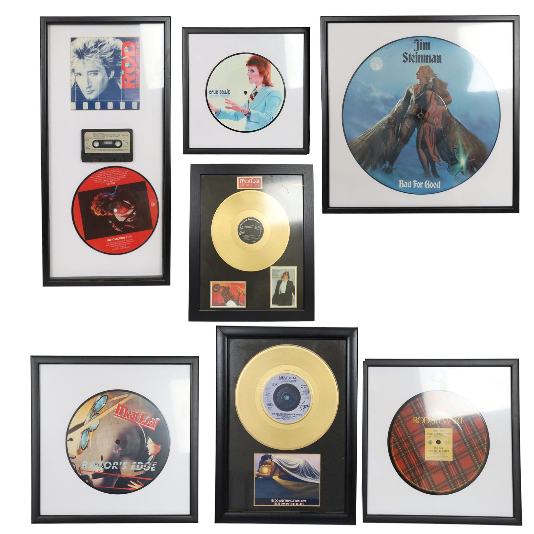 Seven framed record displays, including Meat Loaf 'Razor's Edge', Jim Steinman 'Bad For Good', Meat Loaf 'Bat Out of Hell' and 'I'd Do Anything For Love' gold coloured vinyls, David Bowie 'Life On Mars', Rod Stewart 'Sweet Surrender' and Rod Stewart 'Infatuation', largest H58cm