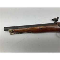 Re-manufactured percussion converted from flintlock single barrel pistol, the 20cm barrel with ramrod under, reused back action lock, brass furniture and hardwood stock L41cm overall