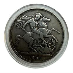 Three Queen Victoria silver crown coins, dated 1845, 1889 and 1893, housed in a case as 'The Queen Victoria Silver Crown Collection' with Westminster certificate