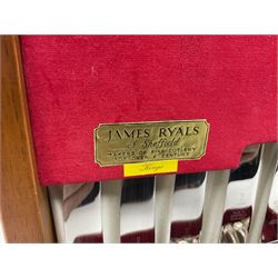 Canteen of King's pattern cutlery for six place settings by James Ryals of Sheffield, with two extra forks, pair of salad servers and six fish knives, all within fitted wooden case, together with six ivorine handled butter knives and six silver plated cake forks