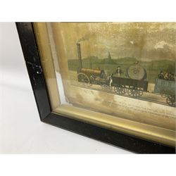 Two framed and glazed coloured carriage prints, Both depicting travelling on the Liverpool and Manchester railway 1831 the fist one showing 'Plate I a train of the first cclafs of carriages with mail - Plate II a train of the second class for outside passengers - with the third class behind', the second print showing 'Plate III. a train of waggons with goods - Plate IV a train carriage with cattle', together with a L.N.E.R plans for Thirsk additional up line and alterations to station 1942 
