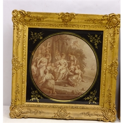 Soldier Returning from War and Mother and Child, pair 18th/early 19th century mezzotints, verre eglomise mount in gilt frame, overall size 46.5cm x 46.5cm (2)  