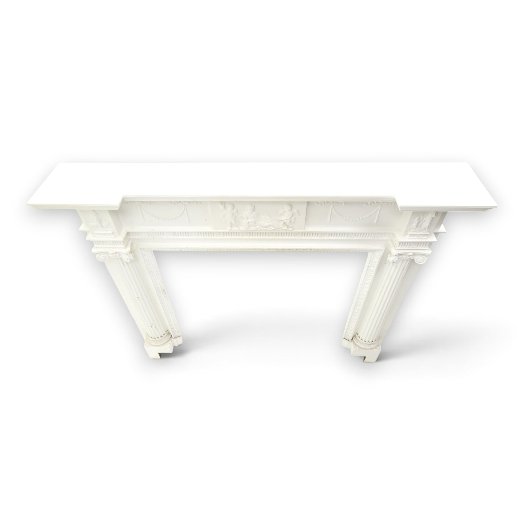 Large Adam's design white painted Neoclassical fire surround, the frieze moulded with goddess and cherubic motifs with bellflower festoons, egg-and-dart moulded inner slip flanked by Ionic capitals on classical columns