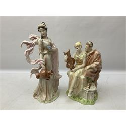 Three Royal Doulton figures, Sunset HN4198, Sunrise HN4199, Josephine HN4223, together with four Wedgwood figures from The Classic Collection; Contemplation, Harmony, Serenade and Winsome, all with printed marks beneath, some boxed, tallest example H30cm