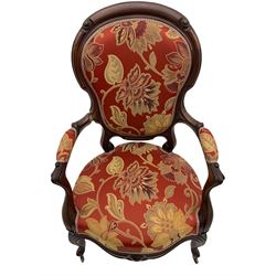 Pair of 19th century French mahogany framed drawing room armchairs, upholstered in red and pale gold fabric