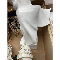 Denby Greenwheat pattern dinner wares, together with Royal Doulton Tumbling Leaves pattern tea and dinner wares, Royal commemorative ceramics including Wedgwood Jasperware table lighter, pair of Victorian glass hand painted vases, large blue and white urn with lid, Noritake part tea set, Staffordshire style dog and other ceramics and collectables, in boxes