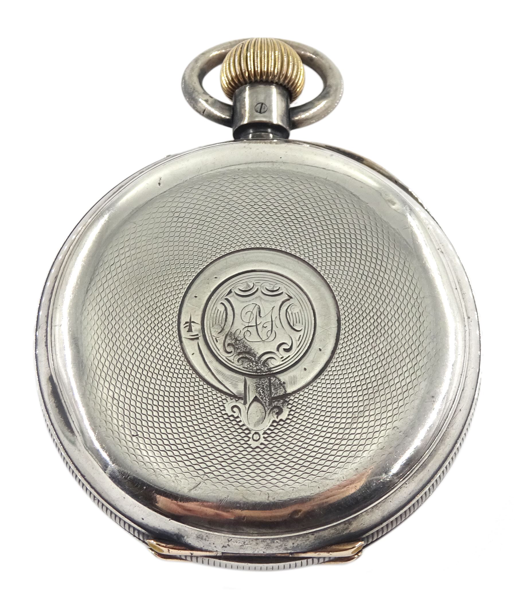 19th century Swiss silver open face keyless chronograph pocket watch by P. Orr & Sons, Madras, white enamel dial with Roman numerals, centre seconds and thirty minute recording dial, over constant seconds outer minute ring, case No. 647576, Swiss hallmarks