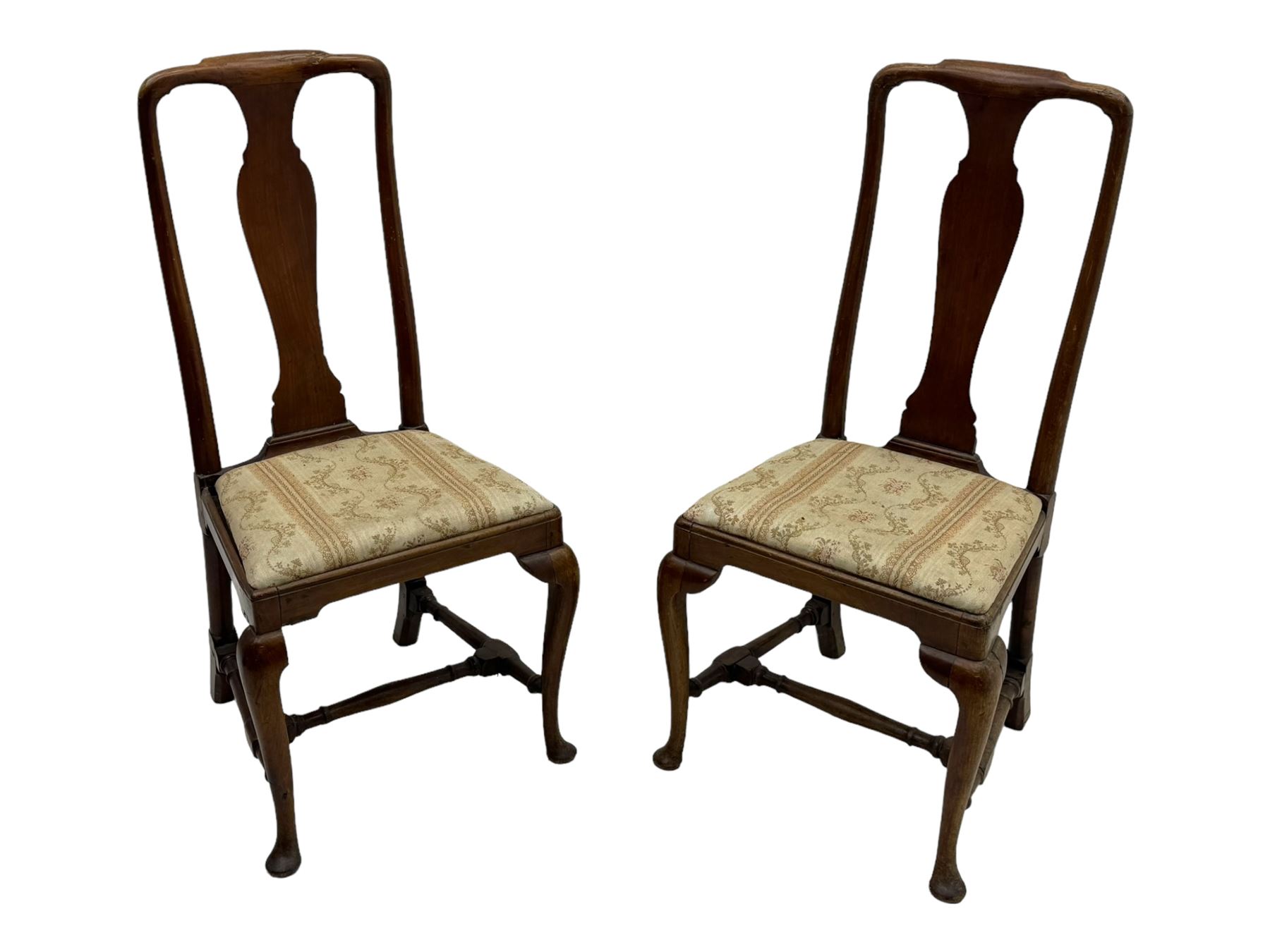 Pair of 19th century Queen Anne design walnut framed side chairs, yoke crest rail over vase-shaped splat, upholstered drop-in seats, raised on cabriole supports with pad feet united by turned stretchers