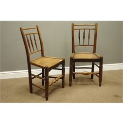  Pair 19th century country elm chairs on turned supports with stretchers    