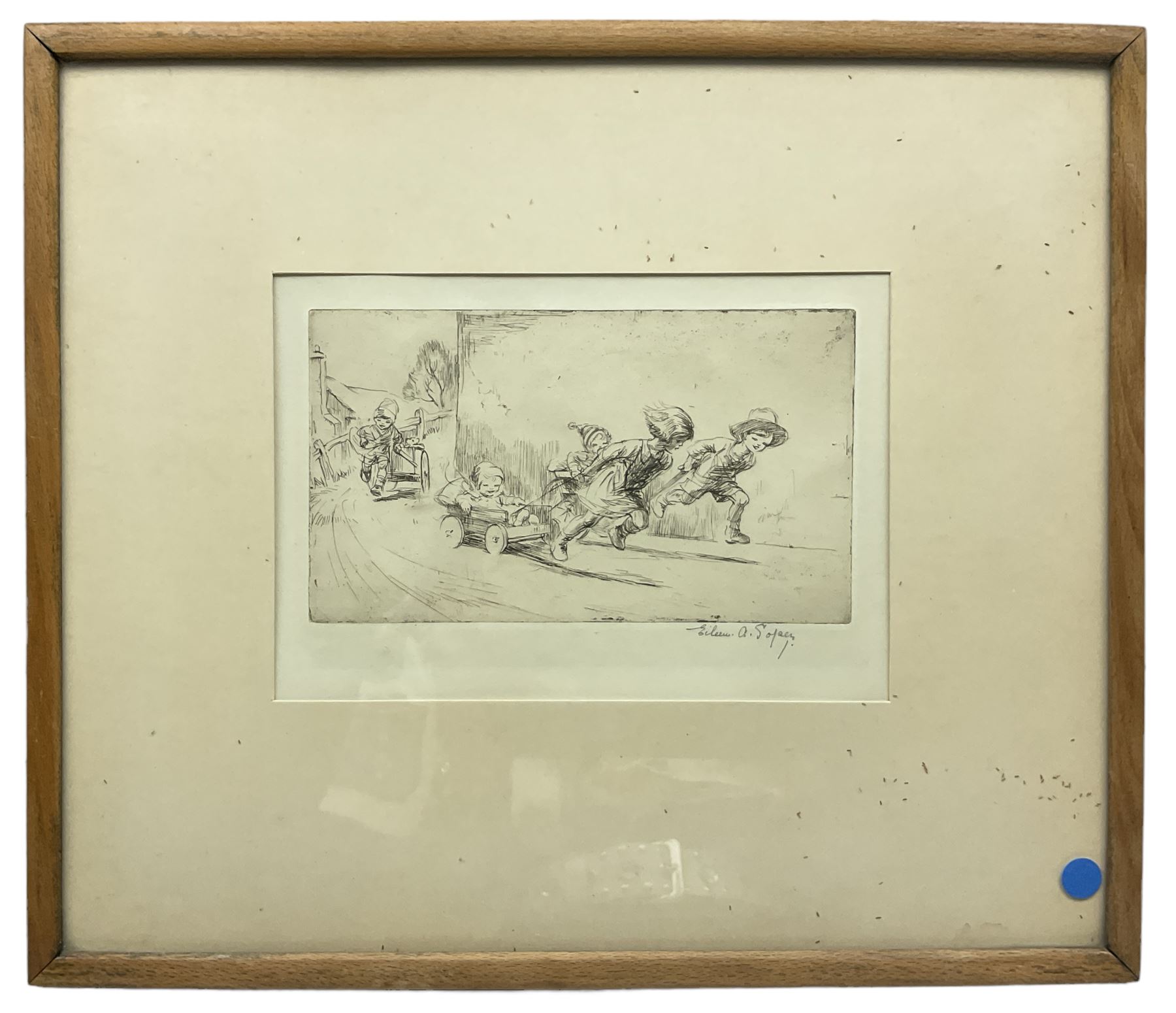 Eileen Alice Soper (British 1905-1990): 'The Wheel-Barrow Race', etching signed in pencil, labelled verso 10cm x 17cm