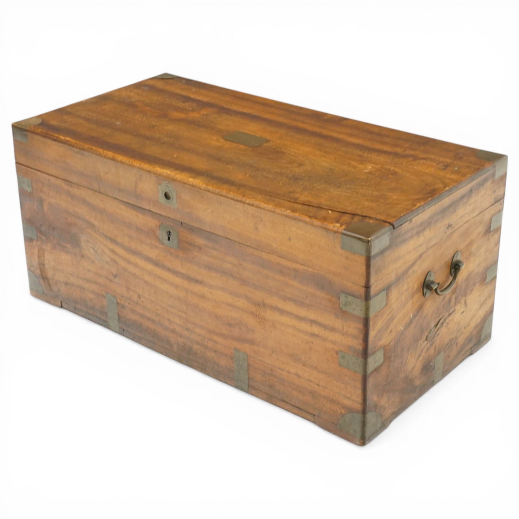 Campaign style camphor wood chest, the rectangular top with brass carrying mounts, brass bound angles and straps, with hinged cover