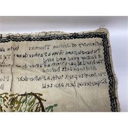 Victorian needlework  picture and verse sampler, 'In memory of Joshua Thomas who died Sep 22nd 1871 age 45', worked by Rebecca Emmott 1872 age 21, H66cm, W61cm 