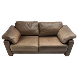 Heals - contemporary two seat 'Palermo' sofa, upholstered in chocolate brown leather, raised on wooden block feet