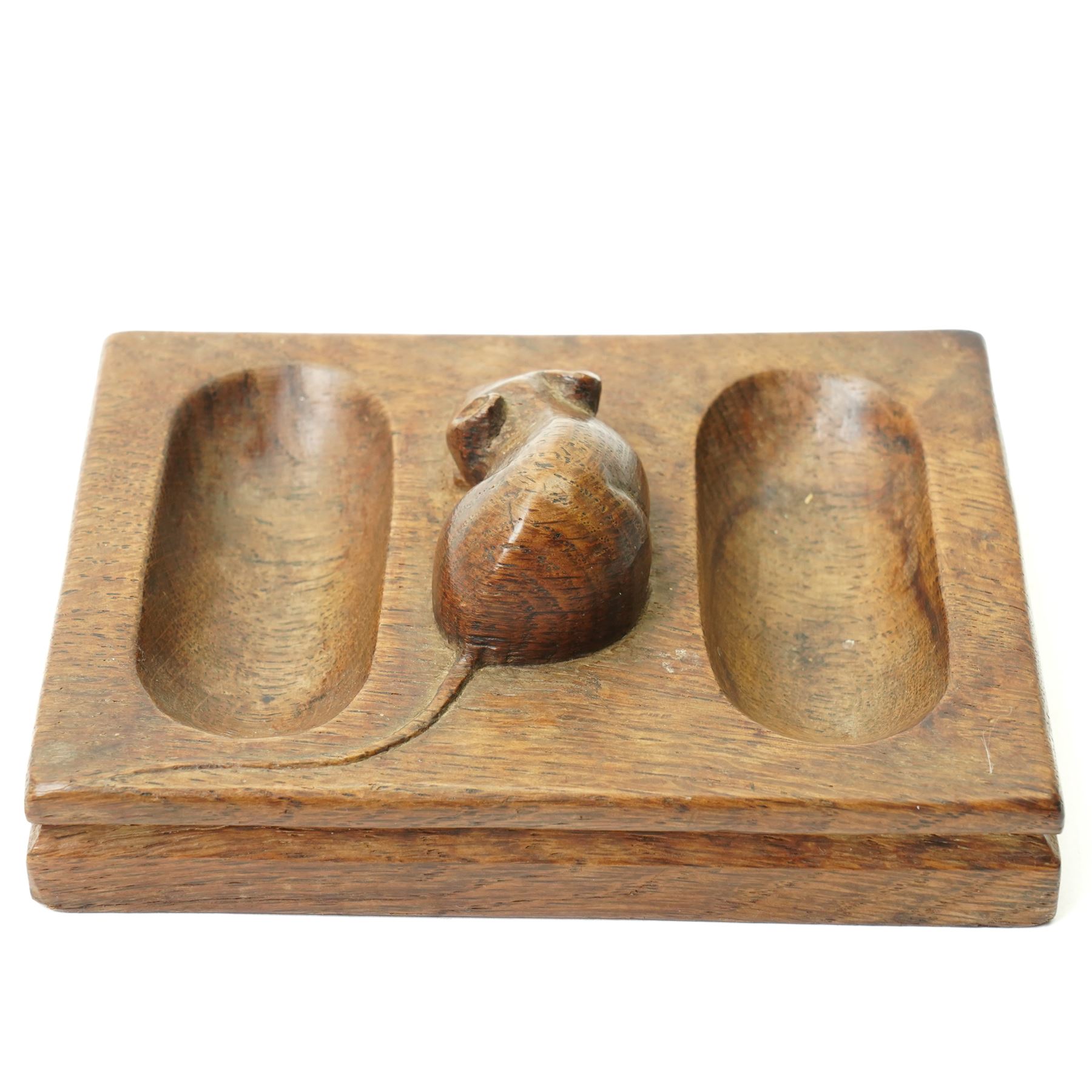 Mouseman - oak rectangular double pin tray, with carved mouse to centre, with carved mouse signature, by the workshop of Robert Thompson of Kilburn