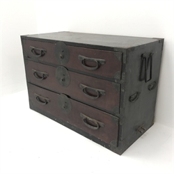 19th century stained oak and pine campagne chest, fitted with wrought iron handles, W84cm, D40cm, H56cm