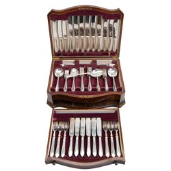 Mid 20th century silver canteen of Sandringham pattern cutlery for six place settings, comprising table spoons, table forks, silver handled table knives with stainless steel blades, dessert spoons, dessert forks, silver handled dessert knives with stainless steel blades, teaspoons, coffee spoons, silver handled fish knives and fish forks with silver blades, hallmarked Viner's Ltd, Sheffield 1955, contained in a wooden canteen with single drawer