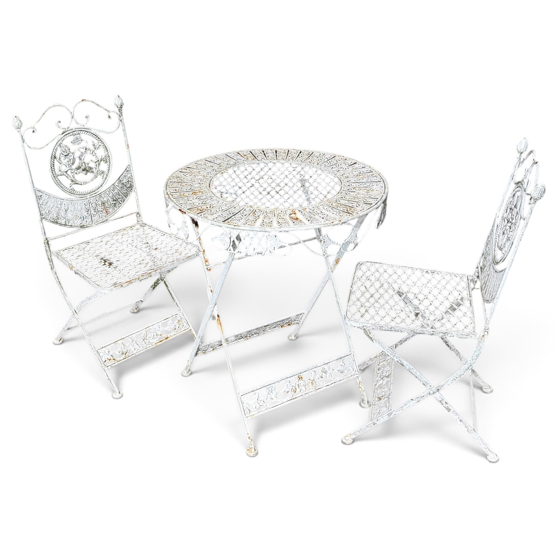 Three-piece French style white-painted wrought iron garden bistro set, comprising a circular folding table with latticework top and apron with scrolling foliate motifs (W70cm H80cm) and matching pair of chairs, with scrolling cresting rail and acorn finials over a scrolled foliate medallion, raised on lattice seat and folding X-frame base (W42cm H93cm)