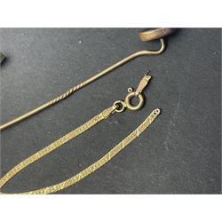 9ct gold jewellery including three necklaces and jewellery oddments, silver jewellery including necklaces and a stone set ring, costume jewellery and six wristwatches
