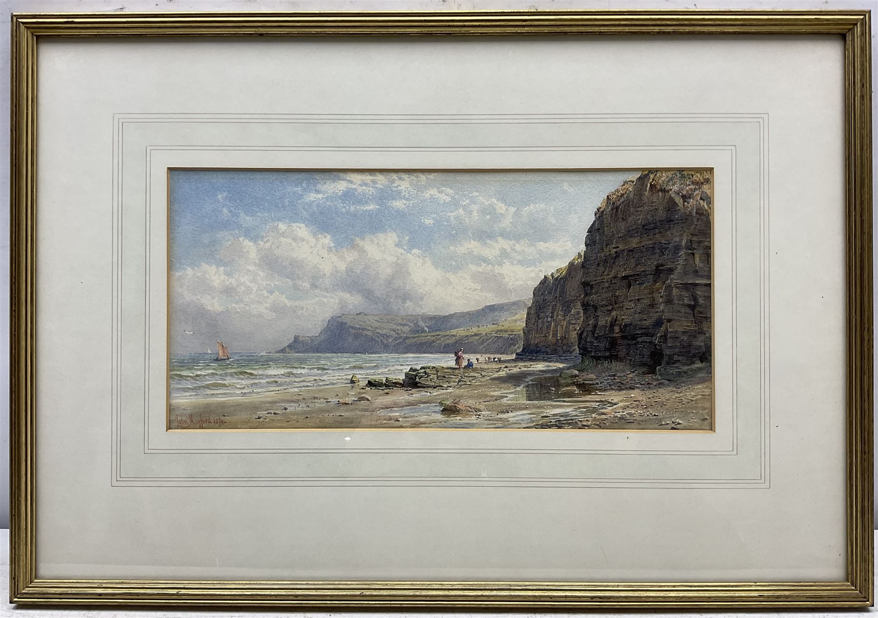 John Mogford (British 1821-1885): Children on the Beach at Boggle Hole near Robin Hood's Bay, looking over Stoupe Brow towards Ravenscar, watercolour signed and dated 1874, 17cm x 35cm 
Notes: Mogford visited the Yorkshire coast multiple times; two views of Scarborough dated 1866 were sold David Duggleby Ltd 18th June 2021 Lot 120 and Sotheby's 29th November 2000 Lot 75, and an undated view of Robin Hood's Bay was sold Phillips Oxford 9th November 2000 Lot 77.