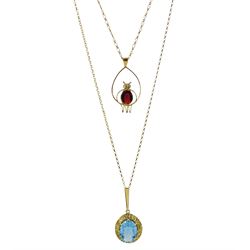 Gold garnet owl pendant necklace and gold blue topaz pendant necklace, both 9ct hallmarked or tested