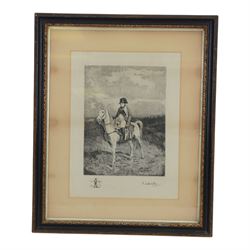 J.L.E. Meissonier Napoleon Bonaparte Etching on Silk, depicting Napoleon on Marengo in mil...