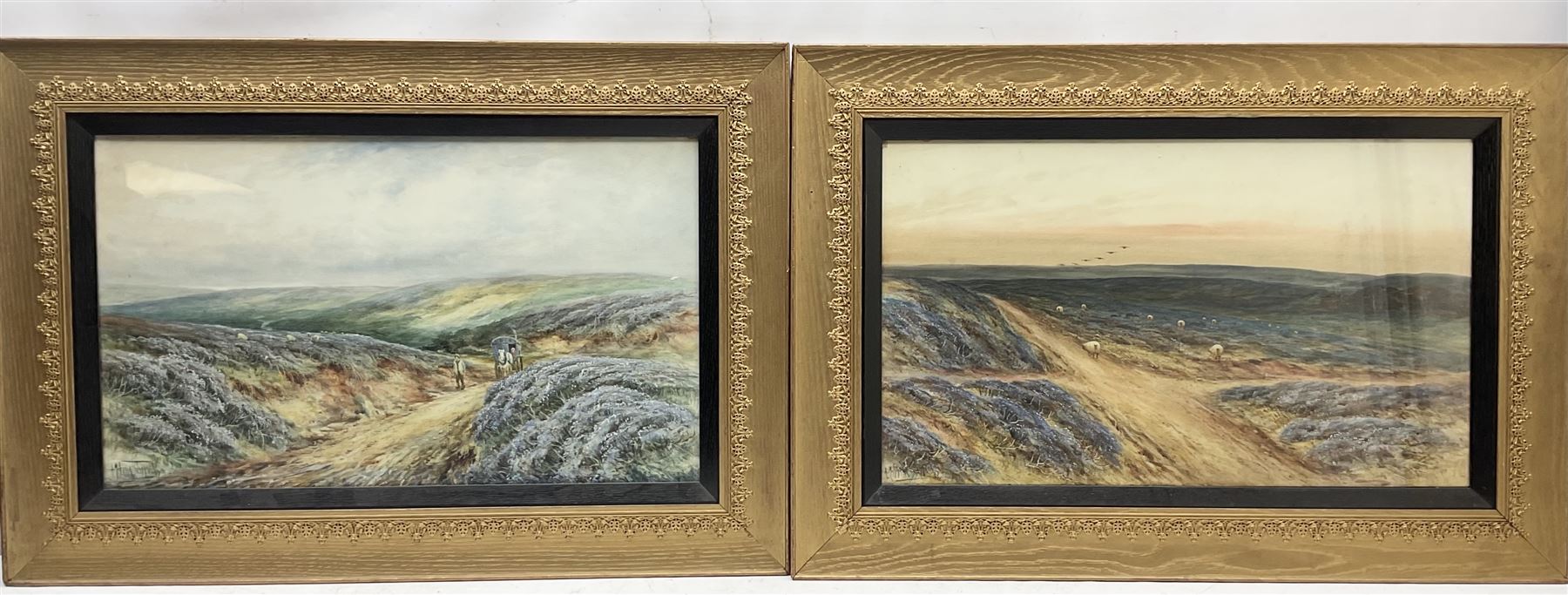 Alexander Molyneux Stannard (British 1898-1975): Horse and Cart through Moors and Moorland Sheep Landscape, pair watercolours signed 37cm x 63cm (2)