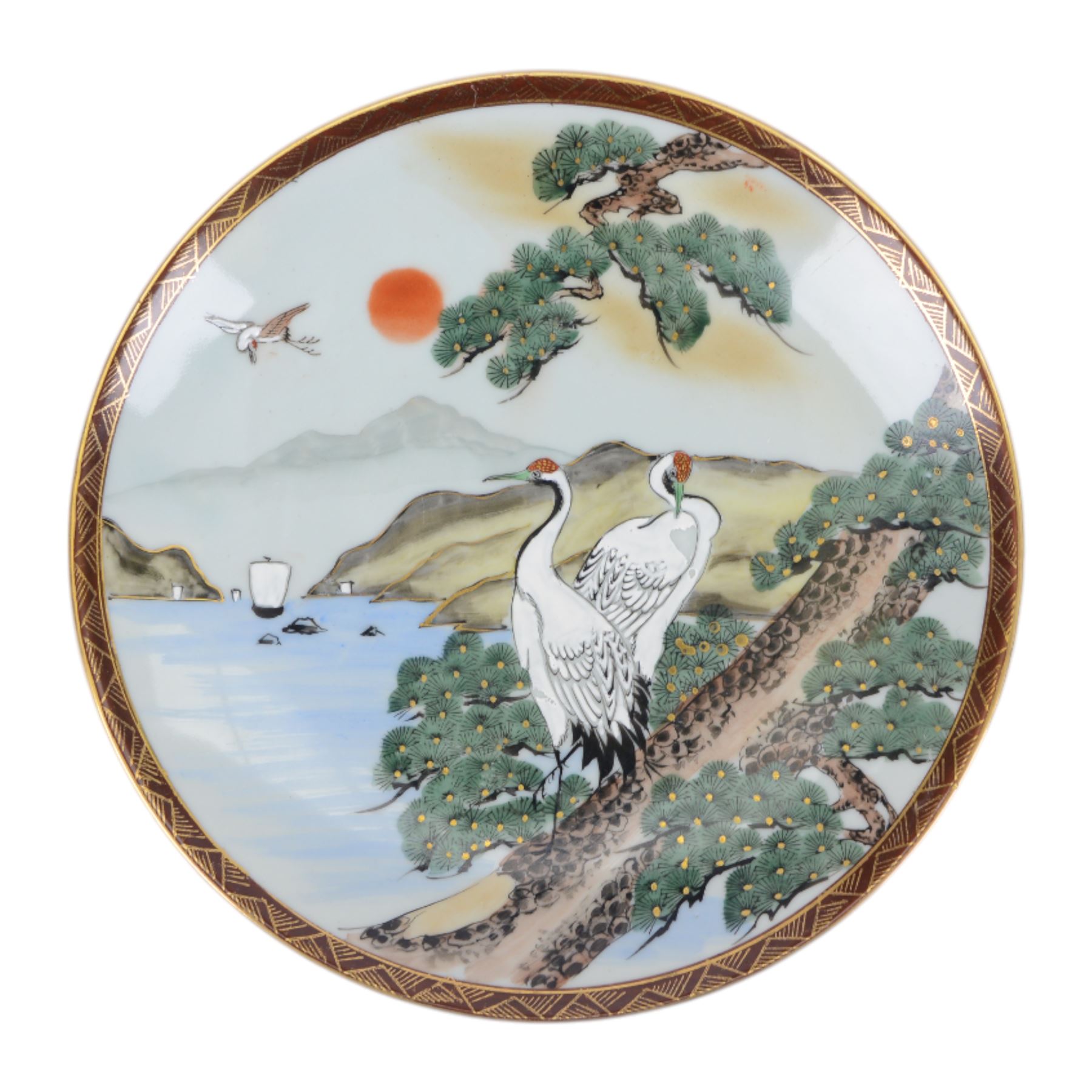 Japanese Imari Arita charger, with floral decoration highlighted in gilt, together with a similar bowl, smaller Arita charger and a plate decorated with cranes in a lake landscape, charger D37cm