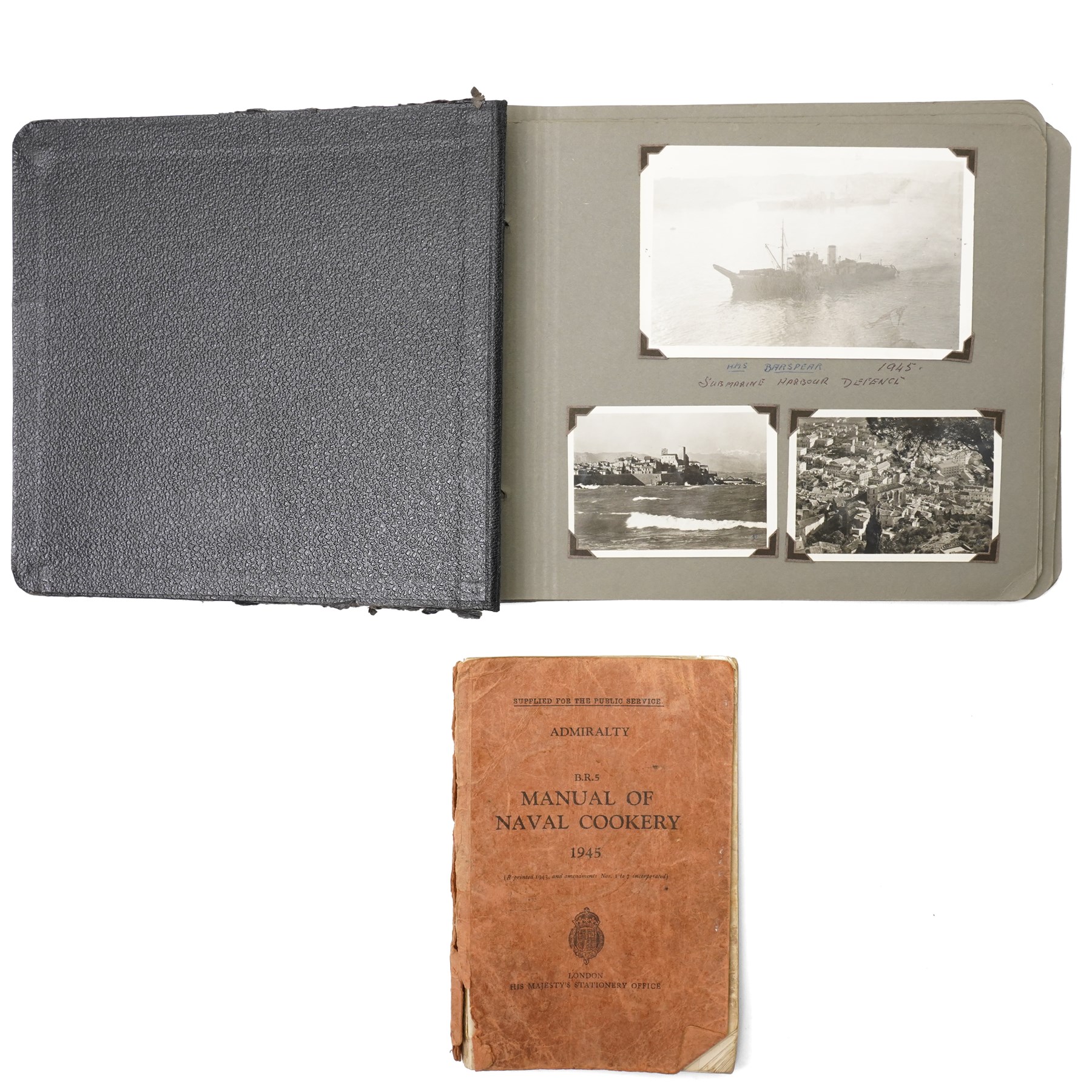 WWII photo album of Malta containing original photographs with annotations, including Battle ships, harbours, soldiers and buildings, together with Manual of Naval Cookery 1945 Naval book