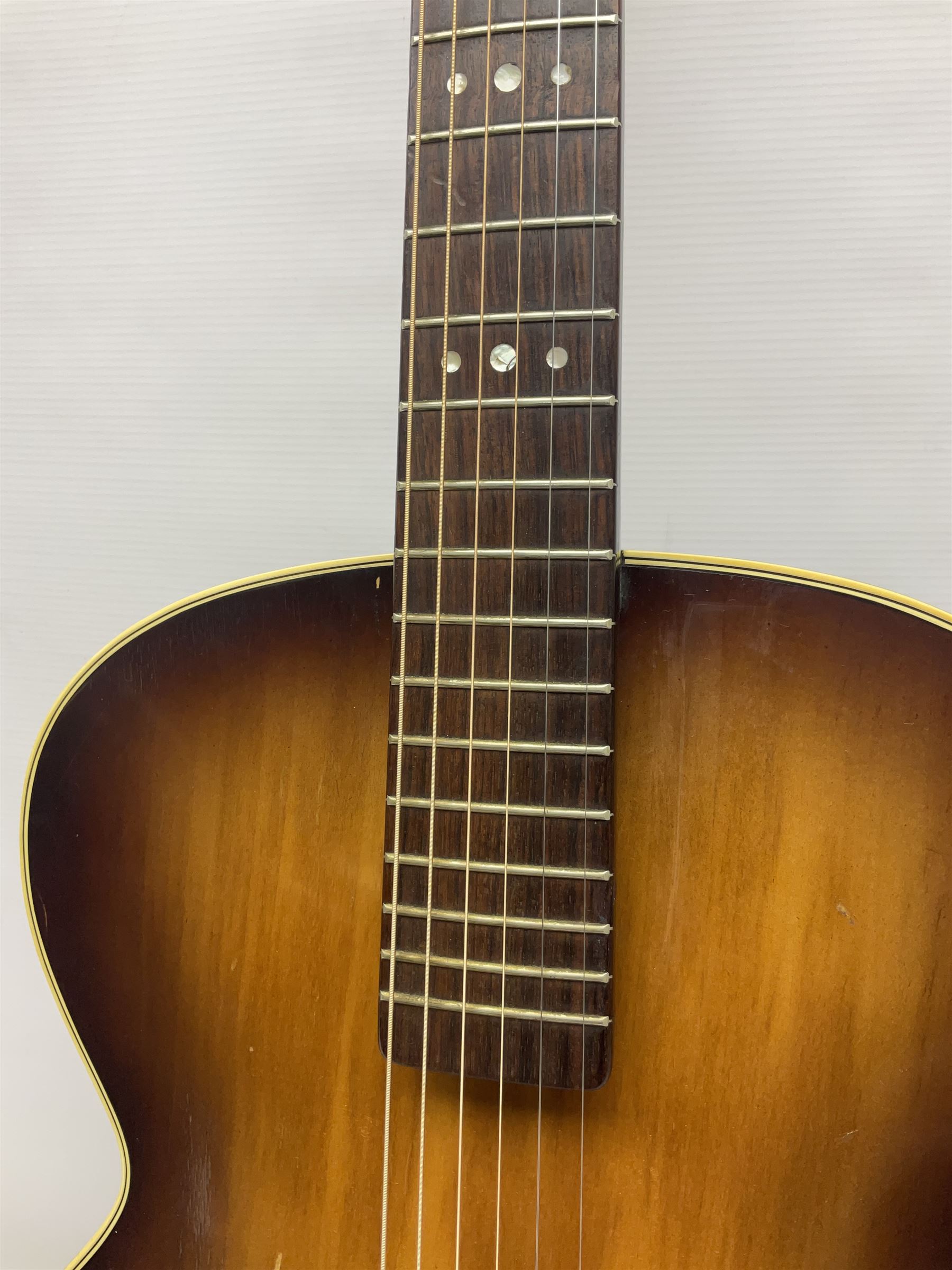 1958 Hofner Senator acoustic guitar with two-tone finish and Hofner label bearing serial no.5315, L104cm overall; in soft carrying case.