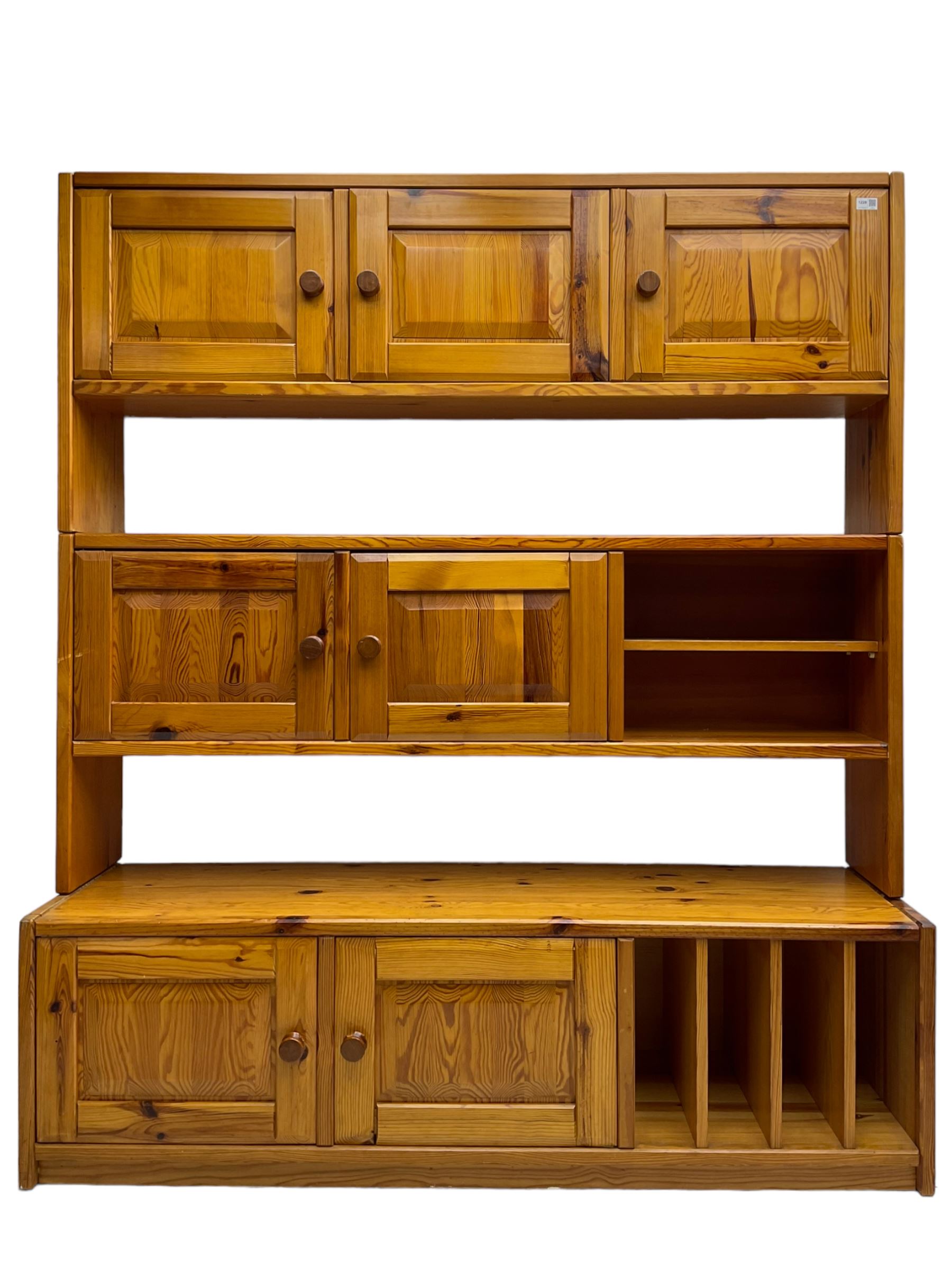 Mid-20th century pitch pine wall unit, fitted with assorted shelves and cupboards 
