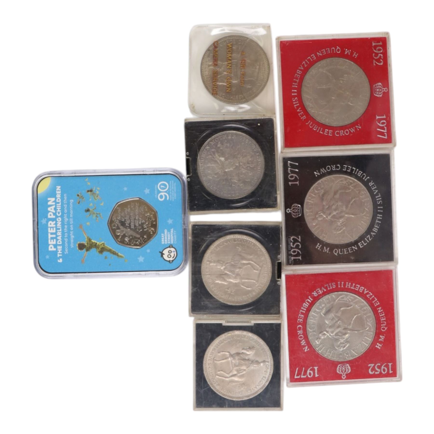 Approximately 104 Royal Mail Royal Mint coin or medallion covers, housed in an official Royal Mail Royal Mint ring binder folder and loose, together with The Queen's Golden Jubilee Coin Cover Collection in two albums, commemorative fifty pences, crowns, etc