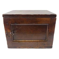 17th/18th century oak vernacular spice cabinet, the hinged panelled door opening to reveal four small drawers with drop handles, H25cm W32cm D24cm