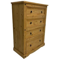 Pine chest fitted with four drawers, ironwork handles