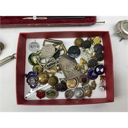 Leonidas military pocket watch with marked broad arrow, GSTP, Miniature SAAB Clockboy clock, various military buttons, Elizabeth II Coronation souvenir book brooch, other brooches and buttons including enamel examples, quantity of thimbles including cloisonné, ceramic and turned wood examples, display rack, Staedtler Tradition 20422 technical drawing compass set in case, etc 