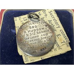 Ladies Accurist 9ct gold manual wind wristwatch, on gilt metal bracelet, together with a silver and enamel fob, for the Transport and General Workers Union, with personal engraving to reverse, hallmarked, a safe driving medal and a Quartz wristwatch