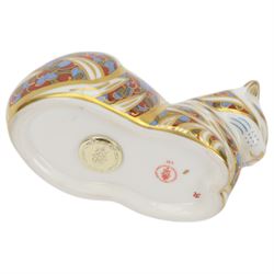 Four Royal Crown Derby paperweights, comprising Large Ram with gold stopper, Penguin with gold stopper, The Spaniel with gold stopper and box and Contented Cat with gold stopper and box   