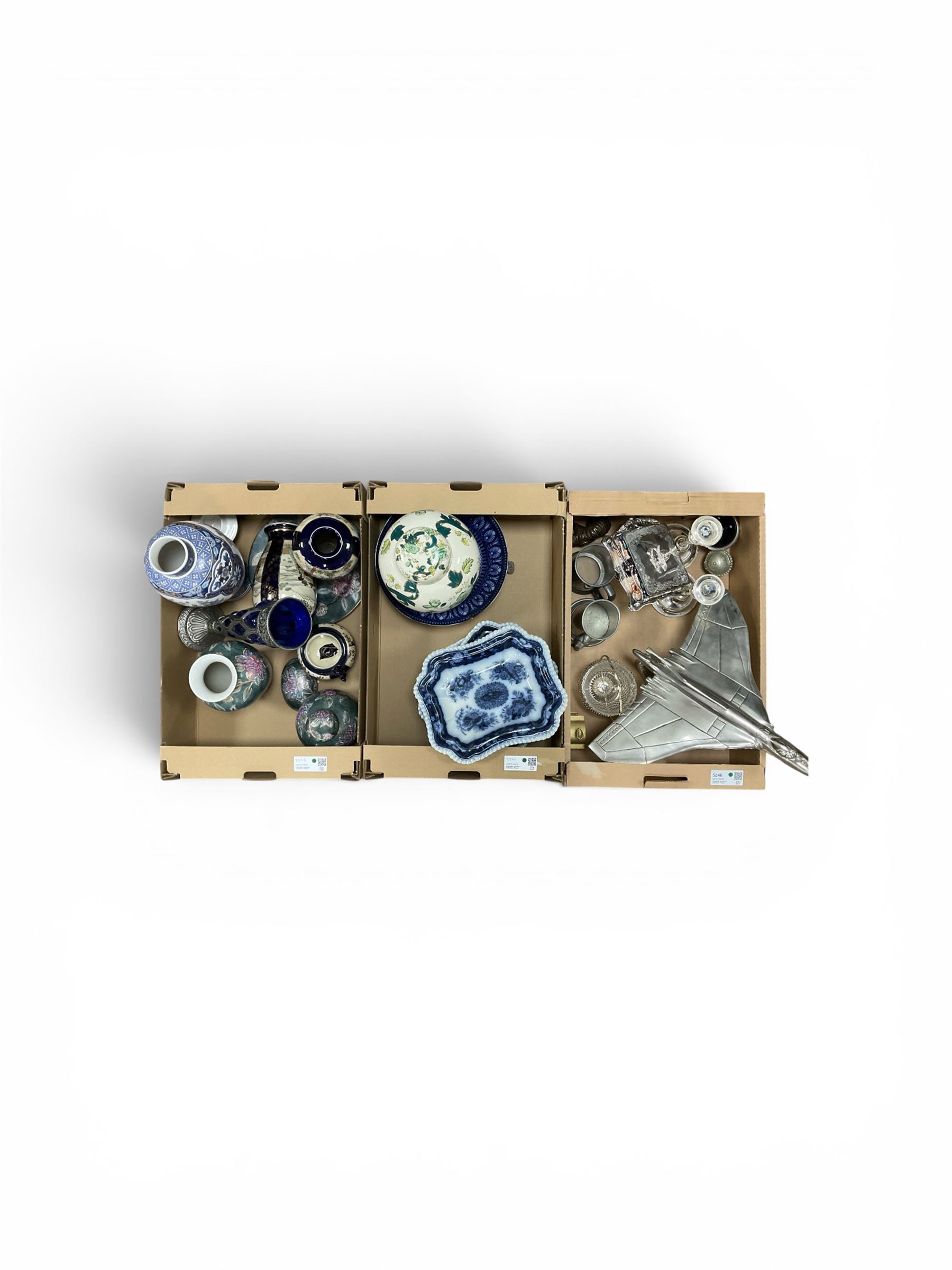 Collection of ceramics and metalware, to include Masons Chartreuse large jar and Copeland Spode's serving dishes, in three boxes