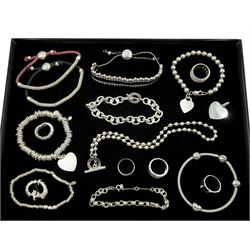 Collection of silver jewellery including Pandora bracelet with three charms, Gucci bead link T-bar necklace, rings, bracelet and Links of London jewellery including four rings, four bracelets and three cord bracelets, with silver clasps, all stamped or hallmarked 