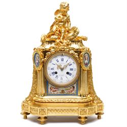 Charpentier & Cie-French 8-day mantle clock c 1860, in an ormolu case with Sevres style pl...