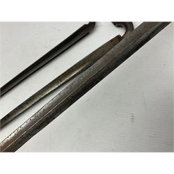Early 19th century British Brown Bess musket rifle socket bayonet with zigzag fitting stamped D71 and triangular blade stamped 270 L55cm overall; and two other 19th century socket bayonets; no scabbards (3)