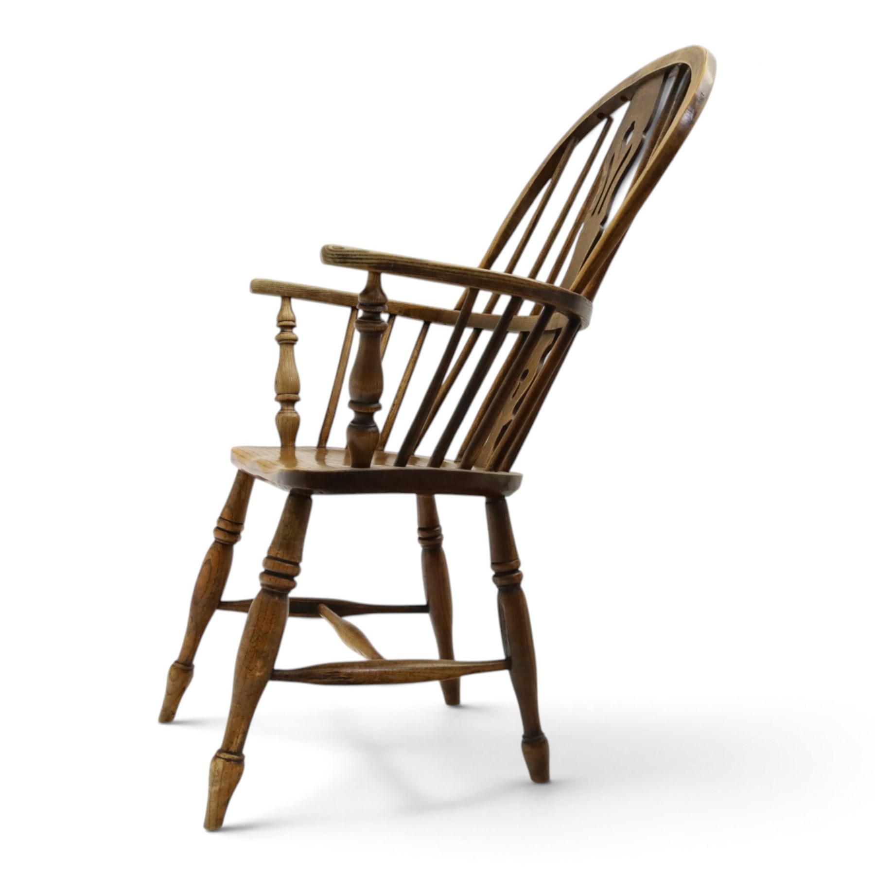 Early 20th century elm and ash high-back Windsor chair, double hoop-and-stick back with pierced and shaped splat, on turned supports joined by H-stretcher