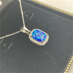 Silver blue opal and cubic zirconia cluster pendant necklace, stamped 925, boxed 